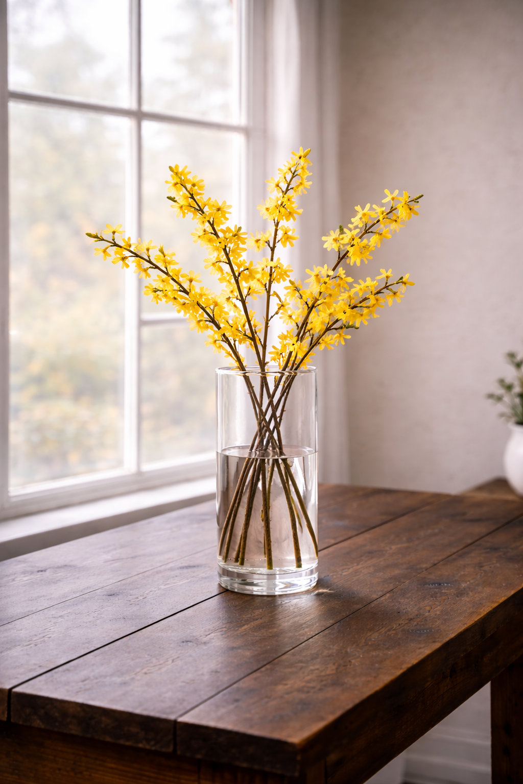Forsythia branches in a vase - only a few brances