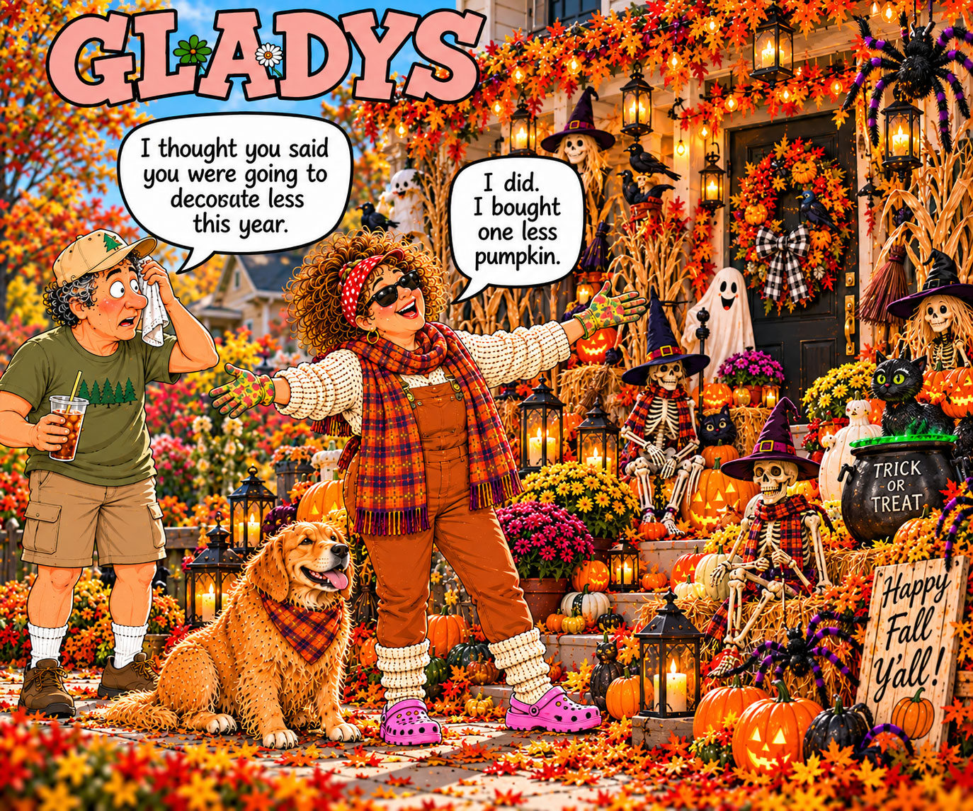 Cut back on fall decorating? Gladys did! She bought ONE less pumpkin!